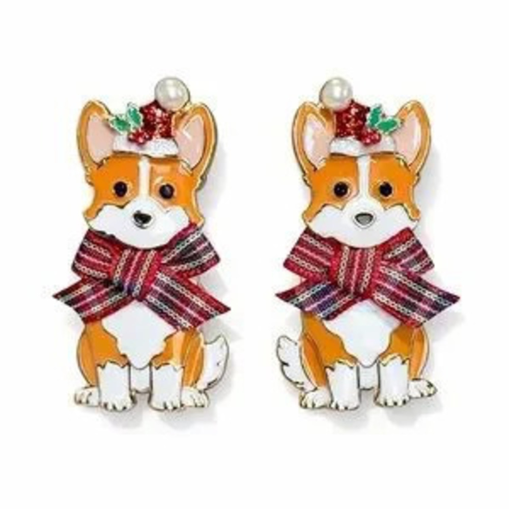 Festive Corgi Dog Earrings - Red and White